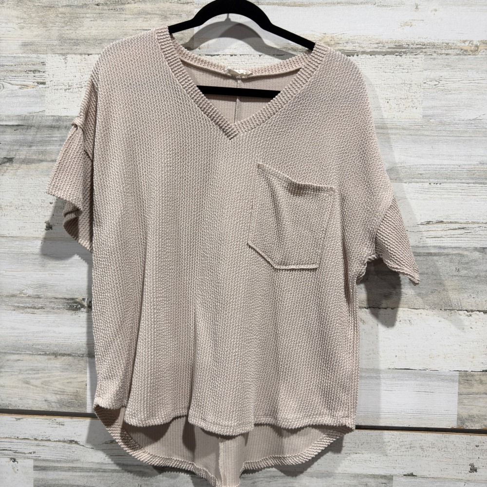 Alter'd State Waffle Knit Top Women Small Tan V-Neck Pocket Boho EUC